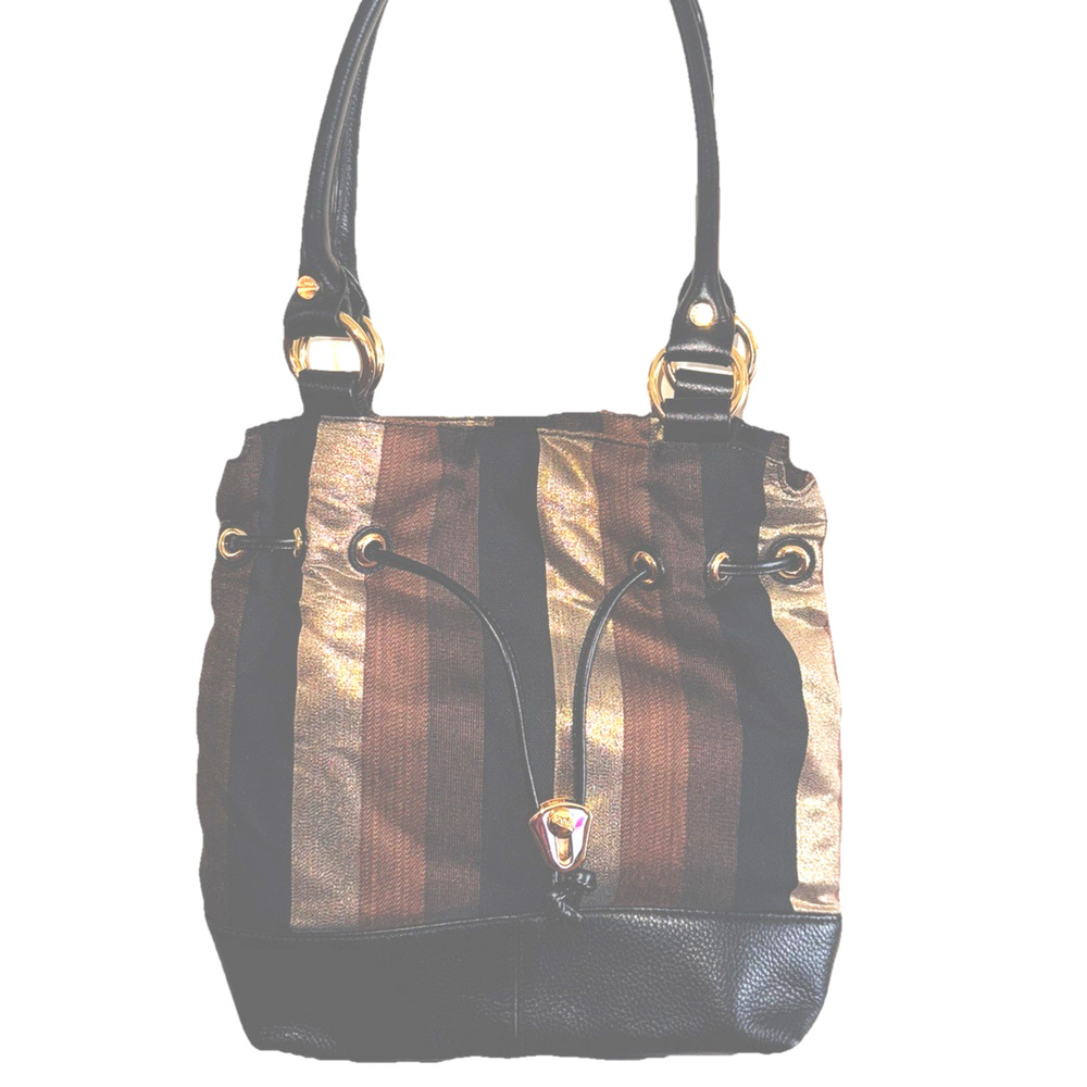 BODHI Brown Leather Gold Mettalic Fabric Bucket Bag Purse